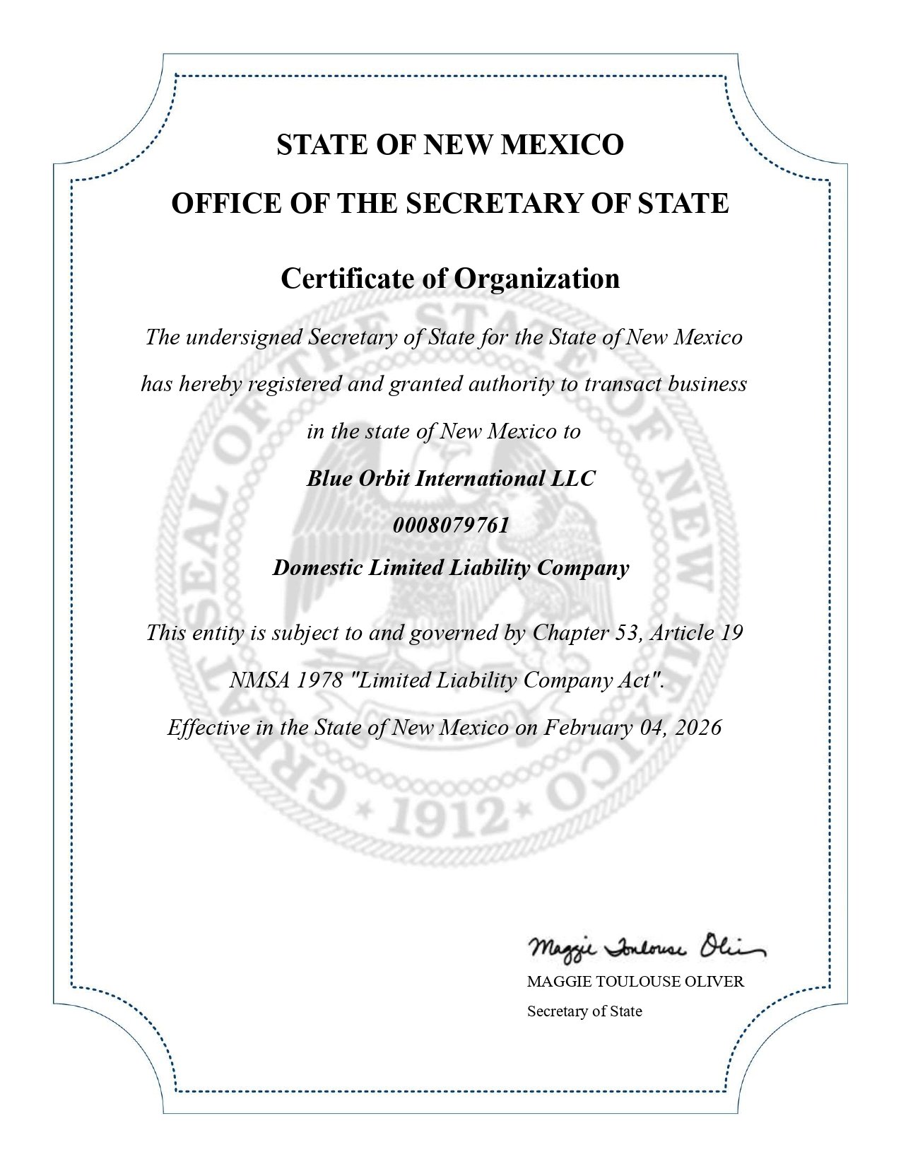 Certificate of Organization